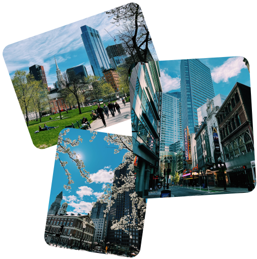 three overlayed photos of various Boston cityscapes, all within a short driving distance from Gordon Christian college