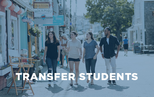 A graphic that says “Transfer Students” with four students walking in the background.