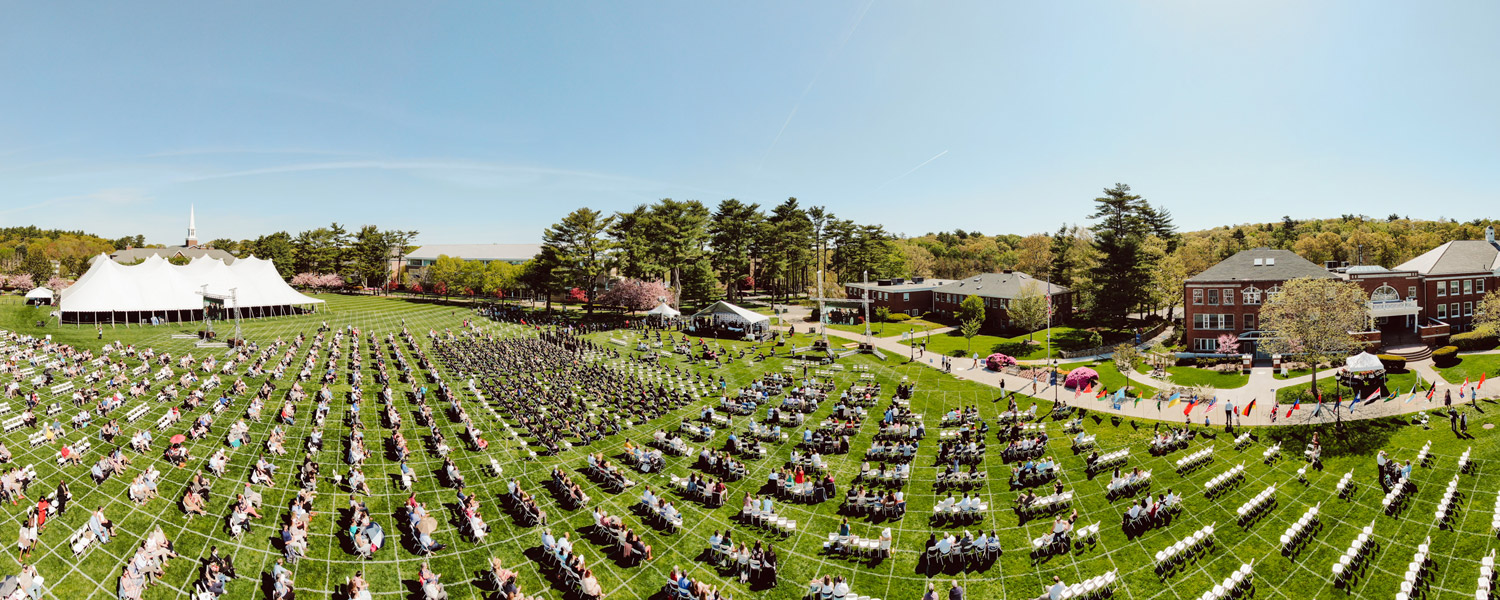 aerial view of commencement on the quad