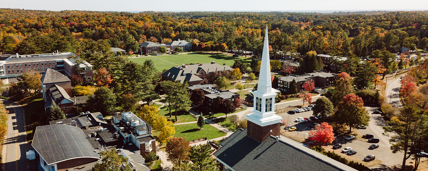 aerial view of campus from behind steeple