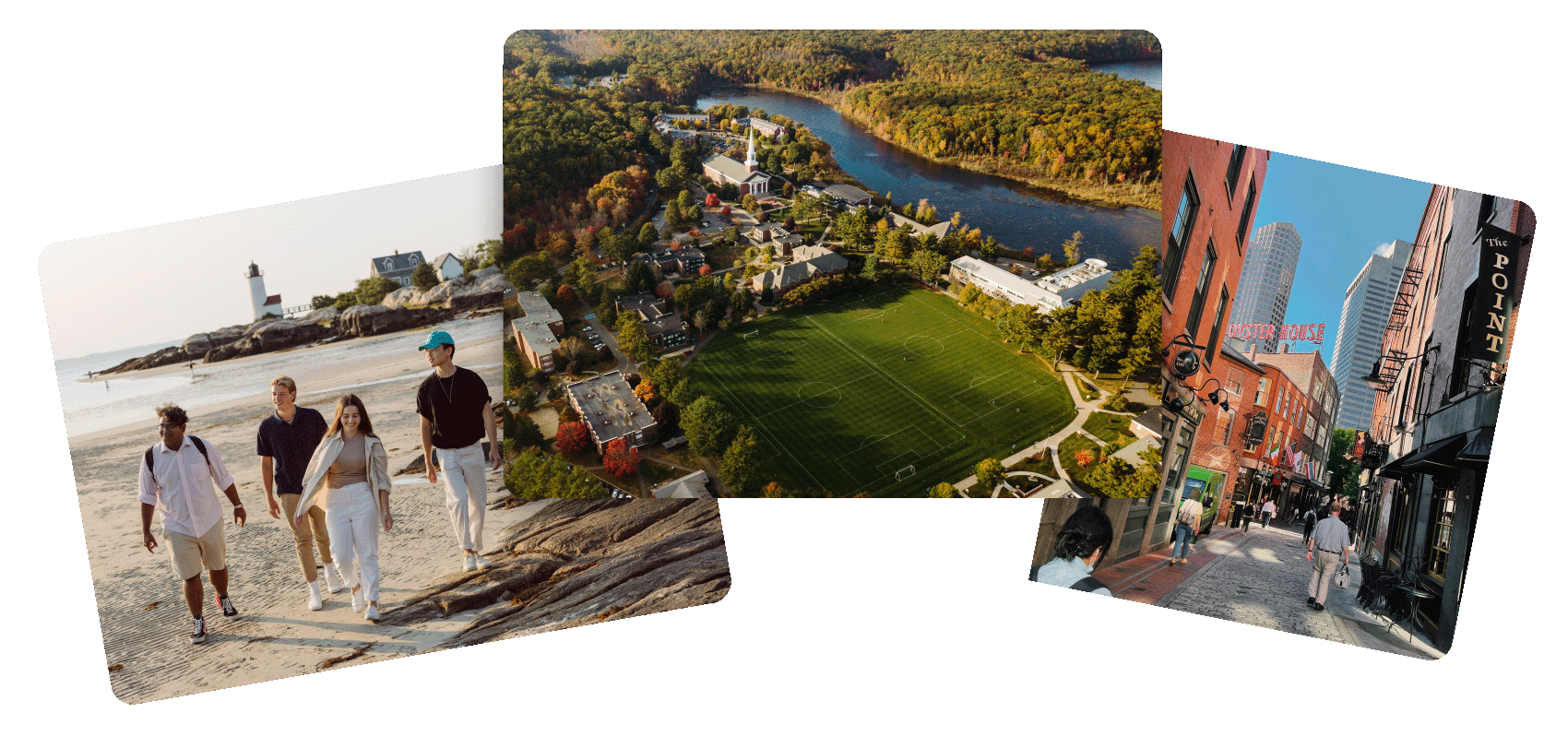 three stacked photos of Gordon College students and various locations in Massachusetts at our New England Christian college