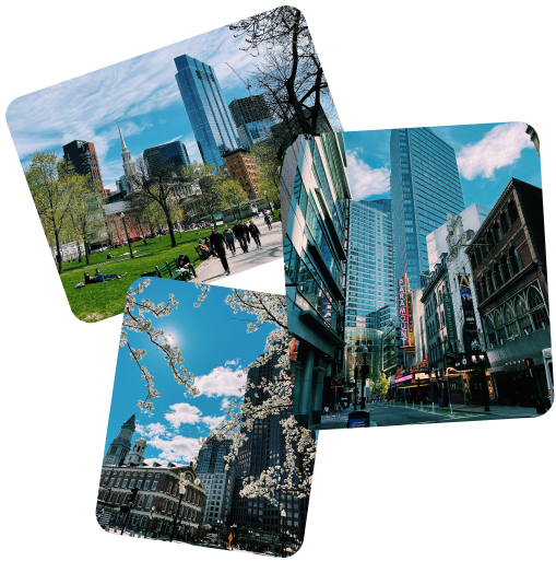 three overlayed photos of various Boston cityscapes, all within a short driving distance from Gordon Christian college