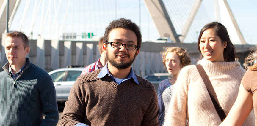 Students in front of Zakim bridge in Boston