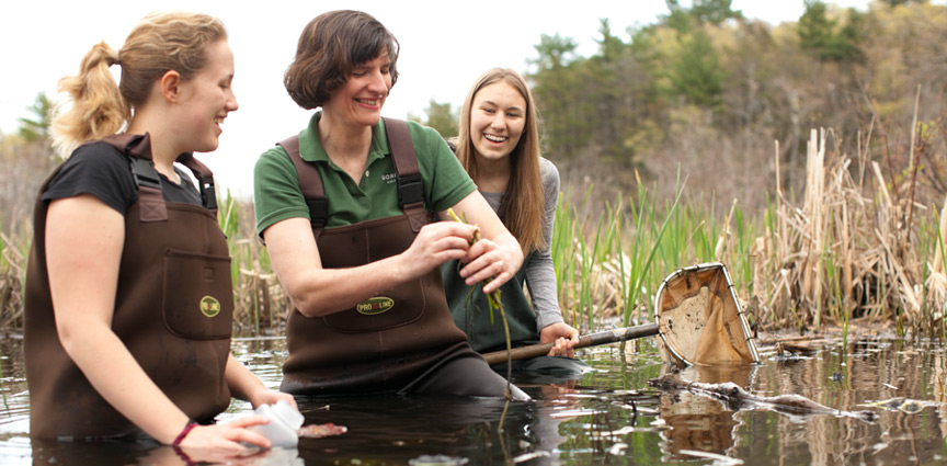 Students and biology faculty in Gordon's wetlands